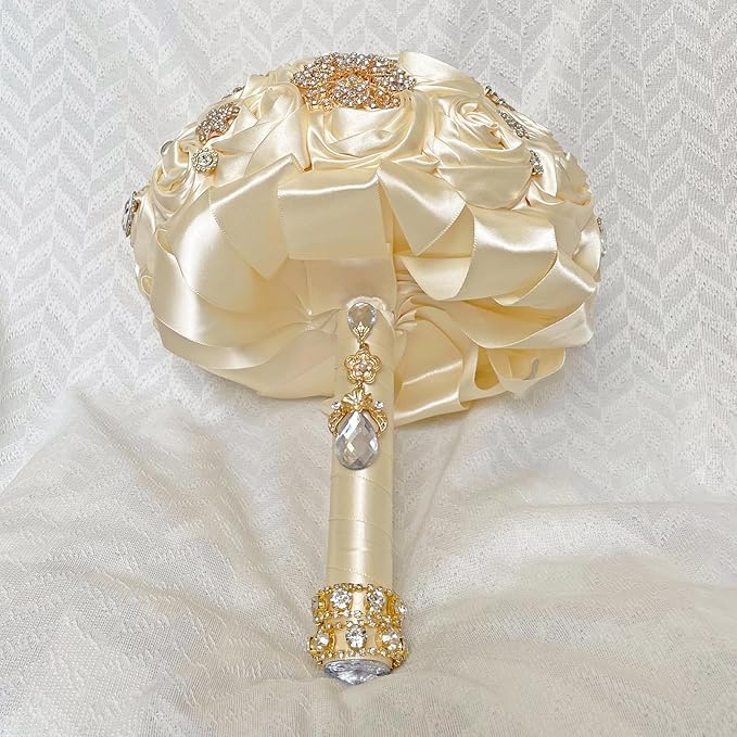 Handmade Satin Rose Floral Bling Pearl Decor Bridal Wedding Bouquet Rhinestone Pendant Artificial Brooch Flowers for Bride Bridesmaid Quinceanera