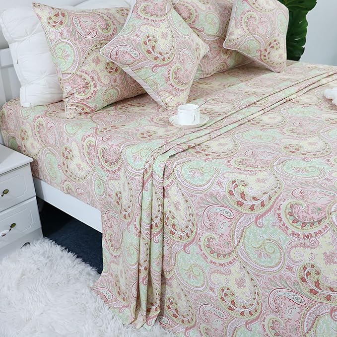 FADFAY 4 Piece Pink Paisley Bed Sheet Set Luxury Bedding Sets Designer Bedding Collections 800 Thread Count 100% Egyptian Cotton Deep Pocket Full