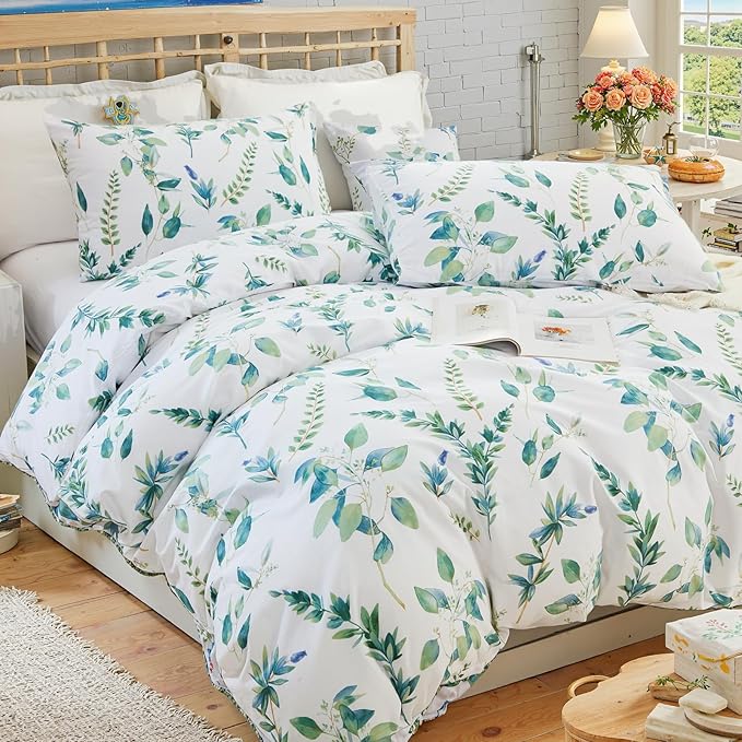 Botanical 100% Cotton Duvet Cover King Size - 3Pcs Mint Green Printed with Sage & Emerald Leaves on White,Reversible Lightweight and Soft Bedding Sets