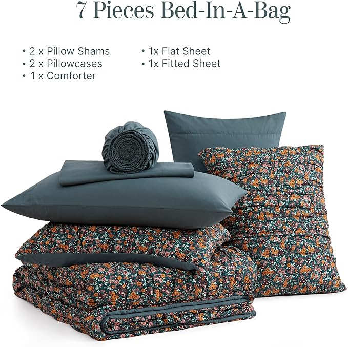 Full Size Comforter Sets-7 Pieces Puff Dark Green Floral Bedding Set for All Seasons, Shabby Chic Farmhouse Bed in a Bag Full with Floral Comforter, Sheets, Pillowcases & Shams