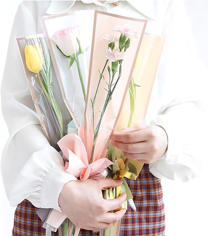 YHNTGB 150 Pcs Mother's Day Single Flower Sleeves Wrapping Bags Single Rose Packaging Flower Bouquet Wrapping Bags 5 Colors for Floral Arrangement Supply Wedding Valentine's Day