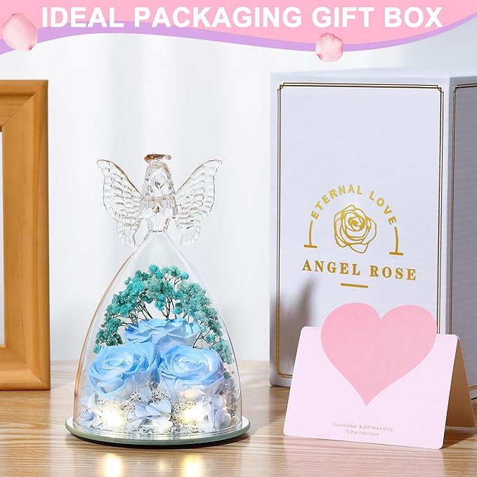 Christmas Rose Gifts for Women Preserved Real Flower in Glass Angel Figurines Roses for Delivery Prime Birthday Gifts for Mom Grandma Girlfriend Wife Her, Sky Blue White