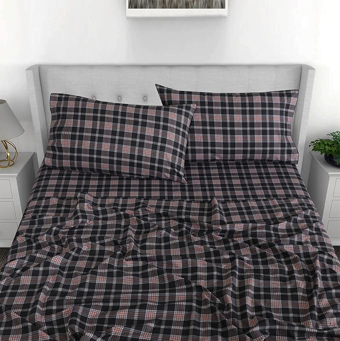 RUVANTI Flannel Sheets Queen Size - 100% Cotton Double Brushed Bed Sheets, Deep Pockets 16 Inches Queen Sheet Set, All Seasons Breathable & Extra Soft - Warm & Cozy, 4 Piece, Peach & Black Plaid