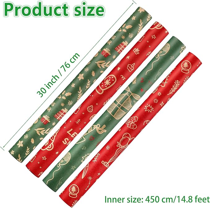 Anvure Christmas Wrapping Paper (4 Rolls: 147.24 sq. ft. ttl.) Kraft Set Featuring Santa Claus, Snowman & Xmas Presents, Red & Green Holiday Designs for Gift Wrap 29.92 Inch X 14.76 Feet Per Roll