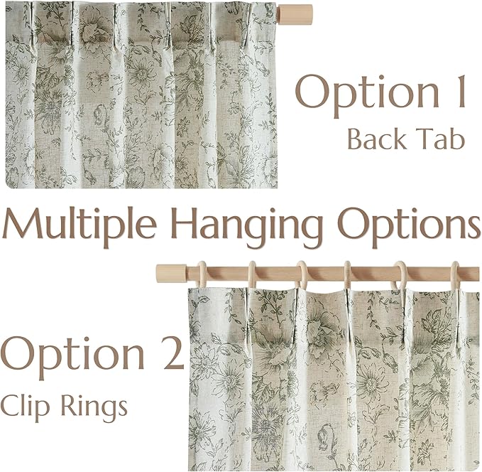 jinachan Pinch Pleated Curtains Floral Linen Blend Curtains for Living Room 63 Inch Length Christmas Green Peony Flower Printed Curtain Rod Pocket Back Tab Farmhouse Drapes with Hooks Set 2 Panels