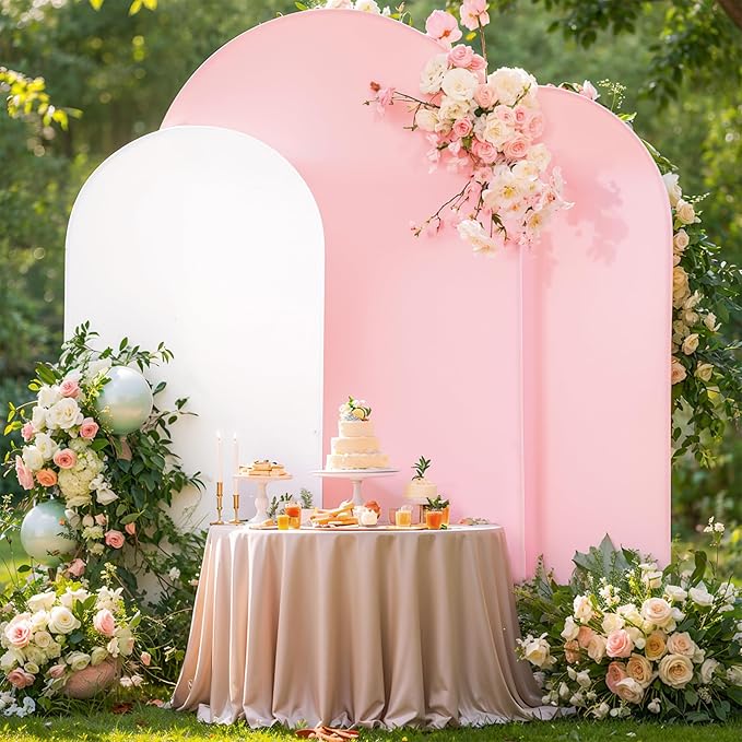 White and Pink Arch Backdrop Cover 8FT 7.2FT 6.6FT Arch Covers Stretchy Backdrop Set of 3, Wedding Arch Cover Spandex Fitted Double-Color Fabric Arch Covers for Party Baby Shower Birthday Decoration