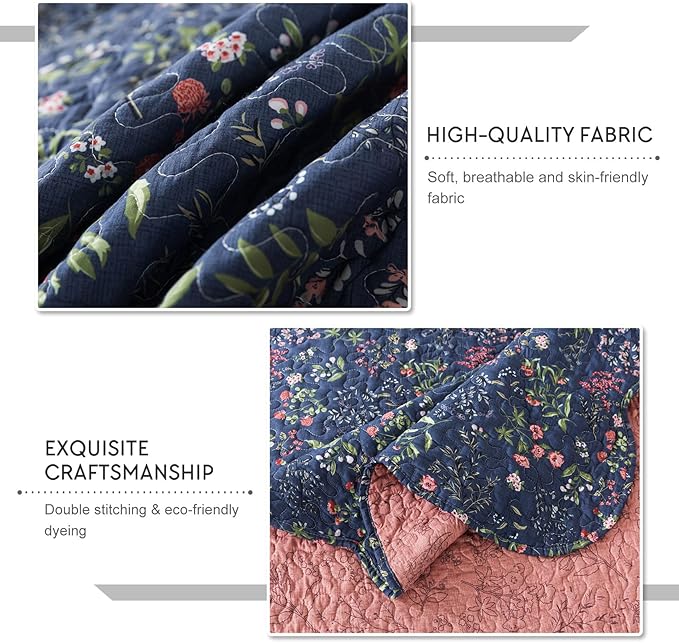 Travan 3-Piece Quilt Set Quilted Bedspread Lightweight Coverlet Set Garden Style Floral Printed Oversized Quilted Bedding Set for All Season, Blue Flower Sea, Queen Size