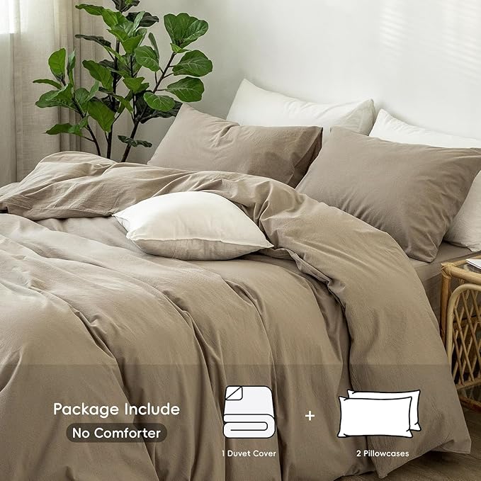 MooMee Bedding Duvet Cover Set 100% Washed Cotton Linen Like Textured Breathable Durable Soft Comfy (Solid Mocha Brown, Super King Plus 120"x120")