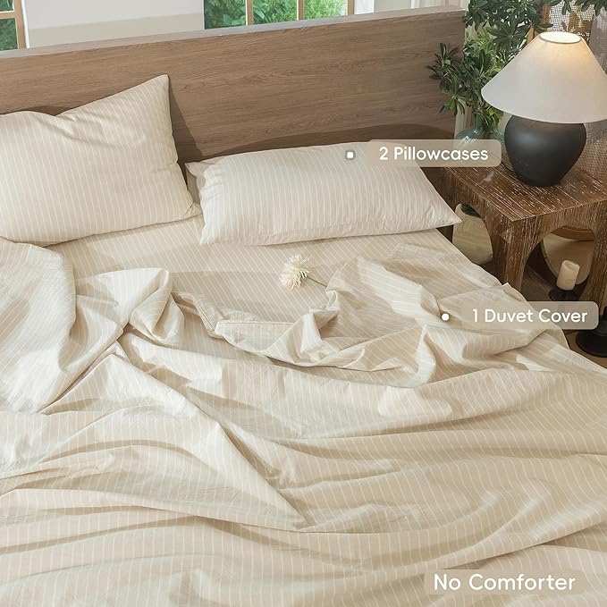 MooMee Striped Duvet Cover Set 100% Washed Cotton Linen Like Textured Breathable Durable Soft Comfy (Almond Milk Grey White Wide Stripes, Super Queen 90"x98")