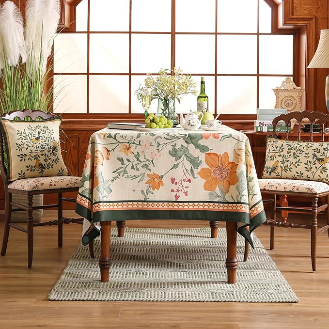 French Long Tablecloth for Rectangle Table,Linen Orange Floral Wrinkle Resistant Tablecloths,Decorative Table Cover for Kitchen,Dining,Tea Party,Thanksgiving,Christmas,63"*94"-Milch