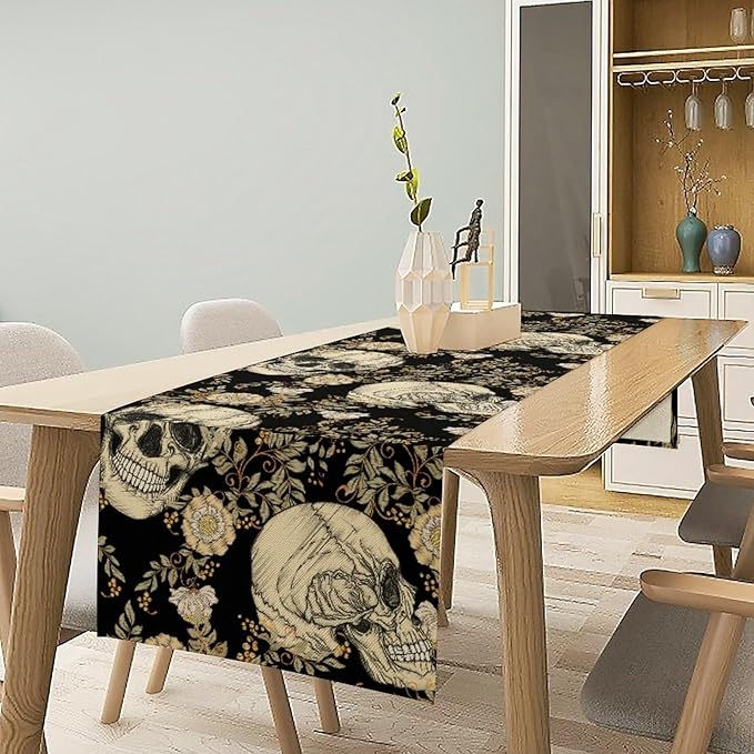 Gothic Table Runner,Vintage Floral Skull Print Table Runner for Home Kitchen Table Dining Garden Farmhouse Wedding Party Decor 13x108 Inch