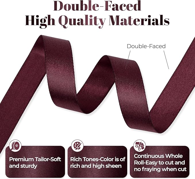 Burgundy Satin Ribbon, Double Faced 5/8 Inch X 25 Yards Burgundy Ribbon, Premium Satin Ribbon for Gift Wrapping, Crafts, Hair Bow Making, Sewing, Flower Bouquet, Wedding Party Decor