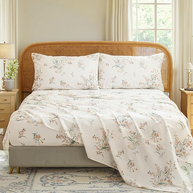 100% Cotton Sheet Set King Size – 4-Piece Shabby Chic Floral Bedding Set, Soft Breathable Percale Weave, Deep Pocket Fitted Sheet 17.5", Crisp Cool Feel, Refined Botanical Elegance