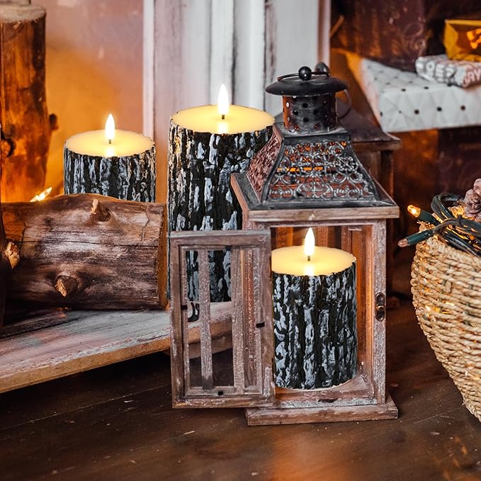 Eywamage Bark Flameless Pillar Candles with Remote, Farmhouse Wood LED Candles Battery Operated Flickering Christmas Decor Set of 3