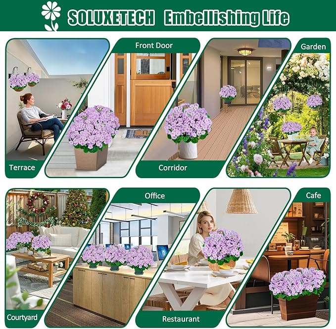 Artificial Handmade Geraniums With Flowers Scent Pots White Pink Purple Lavender Lifelike Faux Geraniums Bushes Fake Flowers for Wedding Party Home Office Indoor outdoor Plants Decor (Light Purple)