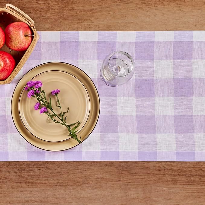 Solino Home Linen Checkered Table Runner 108 Inches Long - 100% Pure Linen Buffalo Check Misty Lavender Table Runner 14 x 108 Inch Ideal for Dining, Valentines, Spring, Easter