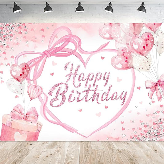 Coquette Happy Birthday Backdrop 8Wx6H Photography Pink Bow Heart Balloons Preppy Diamonds Sweet Princess Background for Girls Bachelorette Party Decorations Banner Photo Booth Props Supplies