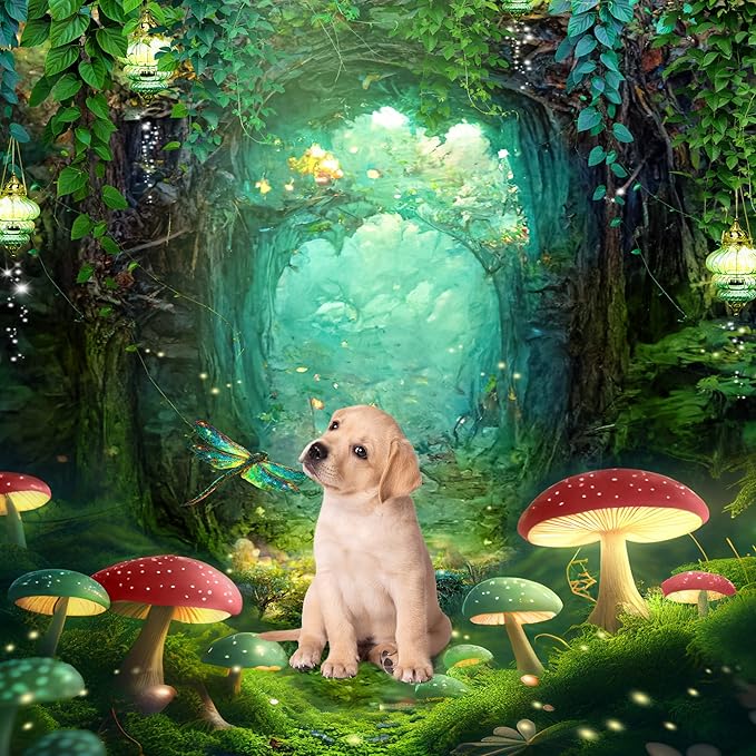 Riyidecor Fairy Backdrop Polyester Fabric Green Fantasy Enchanted Wonderland Woodland Princess Mushroom Dreamland Plant Trees 5W*7H Feet Pretty Photography Background Birthday Photo Studio Shoot