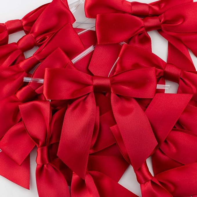 7Rainbows 30pcs Boutique 3.5" Red Satin Ribbon Twist Tie Bows for Tying Up Packages Gift Wrapping