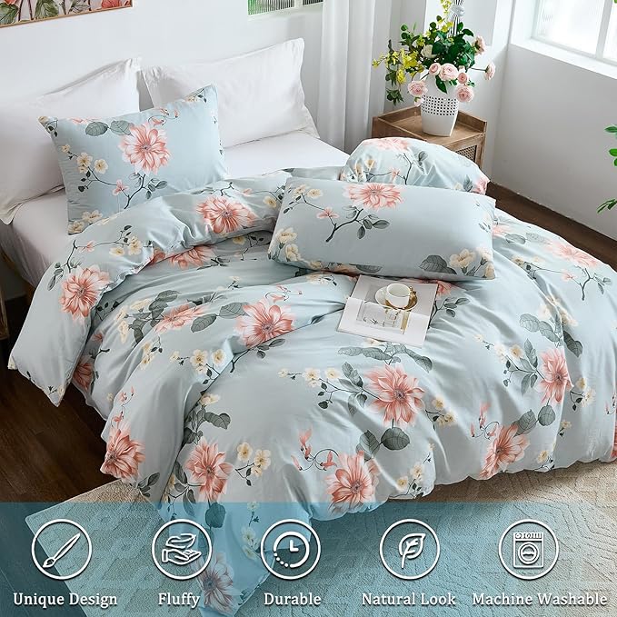 Blue Floral Duvet Cover King Size 100% Soft Cotton 3 Pieces French Country Chic Garden Style Luxury Blossom Floral Vibrant Pattern Reversible Flower Duvet Cover with Zipper Closure