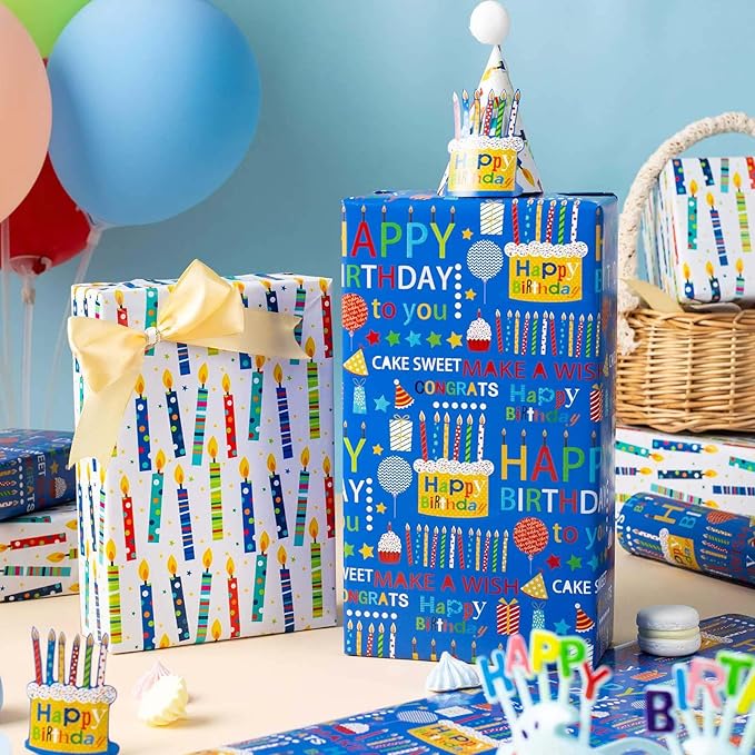 Homeral Blue Birthday Wrapping Paper Roll - Happy Birthday Lettering & Colorful Candles, Reversible Design for Boy Baby Shower, Party - Mini Roll - 17 Inch x 33 Feet