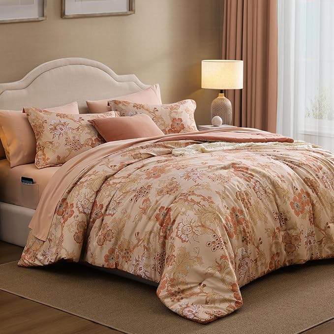 Queen Comforter Set -7 Pieces Terrecotta Floral Comforter Set for All Seasons, Bed in a Bag Queen with Botanical Flowers Comforter, Sheets, Pillowcases & Shams