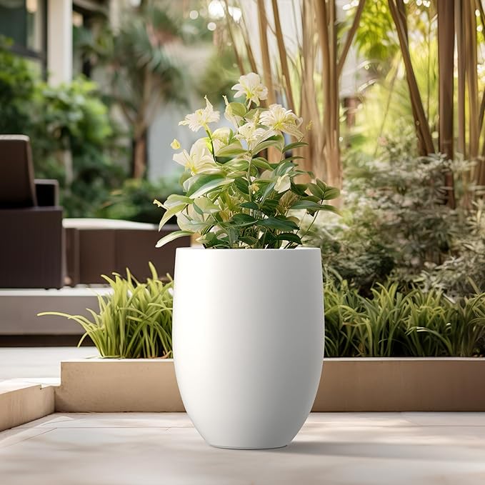 Kante 21.7" H Snow White Concrete Tall Planter, Large Outdoor Indoor Decorative Pot with Drainage Hole and Rubber Plug, Modern Round Style for Home and Garden