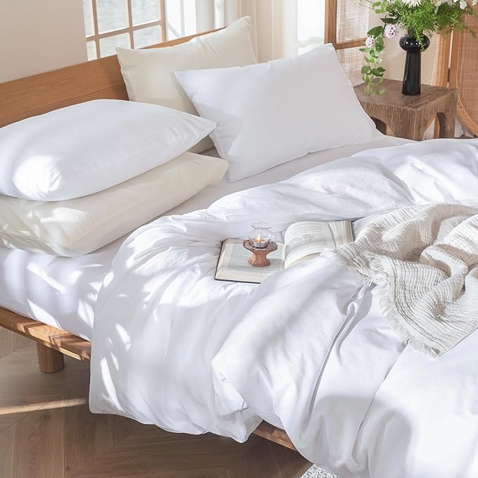 MooMee Bedding Duvet Cover Set 100% Washed Cotton Linen Like Textured Breathable Durable Soft Comfy (Solid Bright White, Oversized Queen 98"x98")