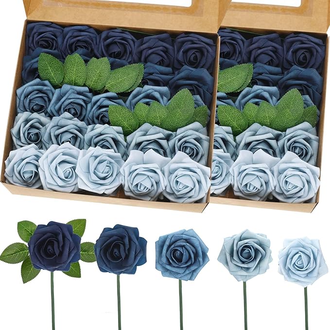 50 Pcs Artificial Foam Rose Flowers Faux Bouquet with Leaves and Stems for DIY Wedding Bouquets Centerpieces Bridal Shower Party Valentine Home Decorations (Shades of Blue)
