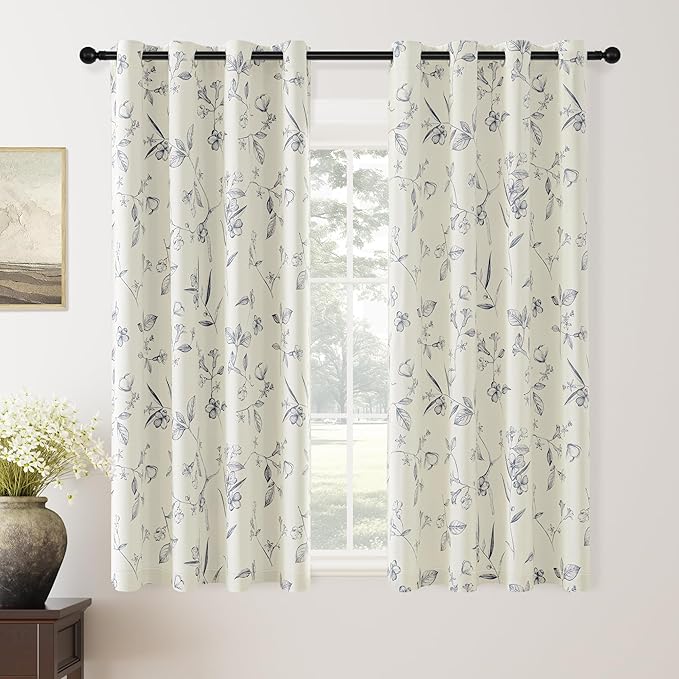 ChrisDowa Beige 100% Blackout Curtains 63 Inches Long 2 Panels for Bedroom Living Room Navy Blue Flower Patterned Room Darkening Thermal Insulated Soundproof Grommet Window Treatments Drapes,52X63