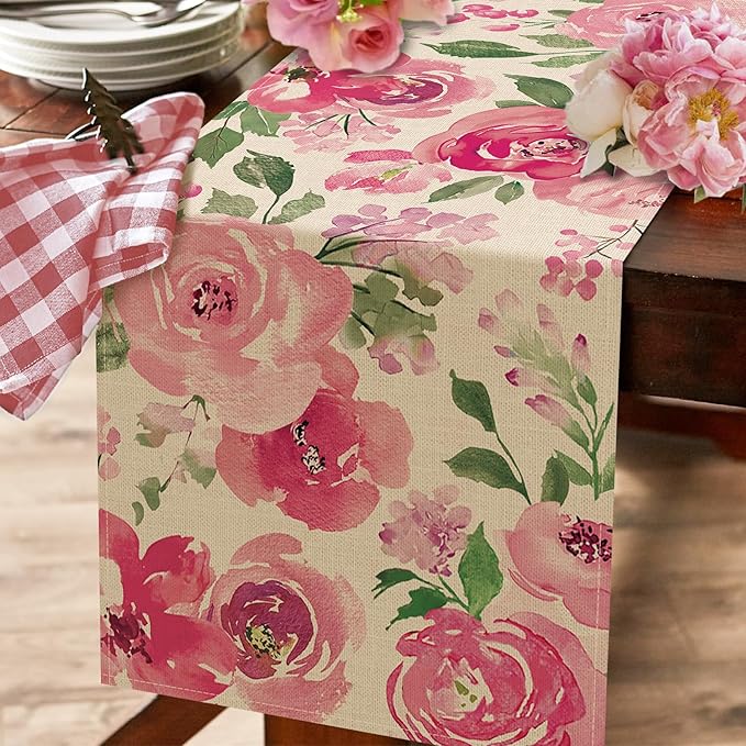 Seliem Spring Summer Watercolor Flower Table Runner, Pink Peony Floral Kitchen Dining Table Decor, Seasonal Burlap Home Decoration Indoor Outdoor Party Supply 13 x 120 Inches