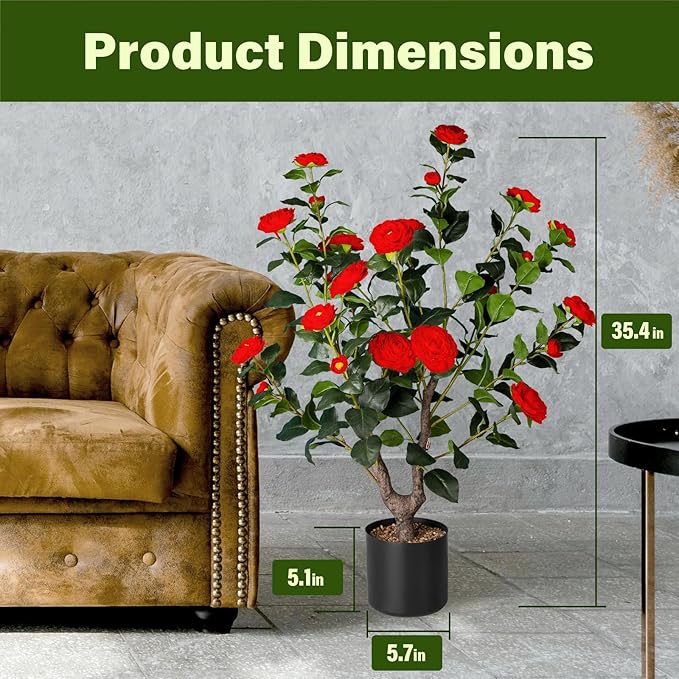 Artificial Camellia Tree,2Pack 3FT Faux Red Camellia Plants in Pots,Lifelike Artificial Flower Trees for Indoor Outdoor Home Decor,Realistic Blooming Faux Plants for Living Room Porch Patio Office