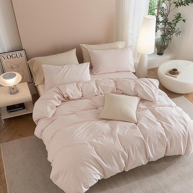 JIYUAN 100% Washed Cotton Striped Duvet Cover Set 3 Pieces King, 1 Duvet Cover and 2 Pillowcases(Comforter Not Included),Linen Like Comfy and Breathable,Pinstripes-Heathered Greyish Pink White