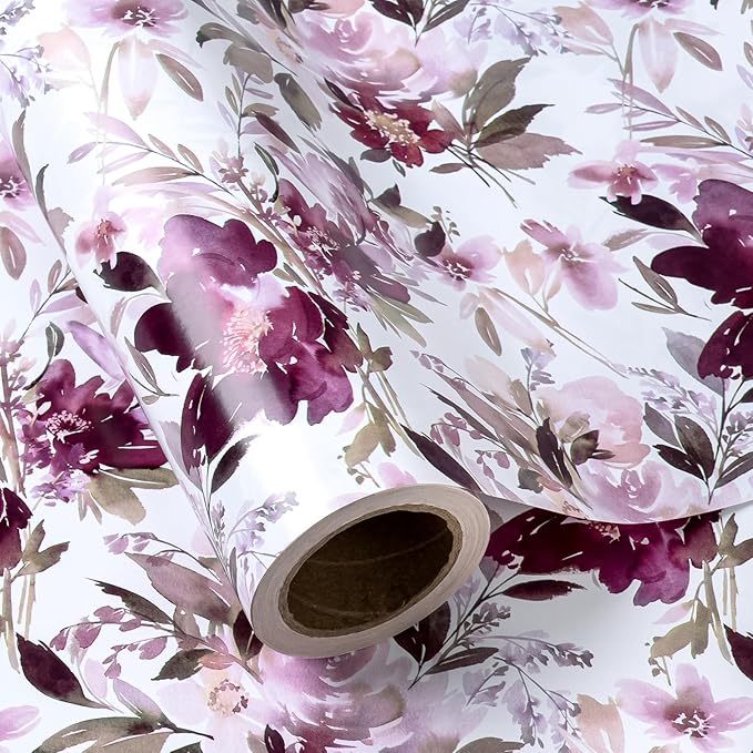 WRAPAHOLIC 30 Inch Floral Wrapping Paper - 30 Inch X 33 Feet - Purple Flower Wrapping Paper for Wedding, Birthday, Valentines' Day, Baby Shower, Anniversary, Bridal Shower