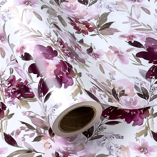 WRAPAHOLIC 30 Inch Jumbo Reversible Floral Wrapping Paper - 30 Inch x 100 Feet Purple Floral Design for Wedding, Birthday, Mothers Day, Baby Shower, Anniversary