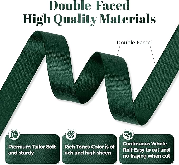 Hunter Green Satin Ribbon, Double Faced 5/8 Inch X 25 Yards Hunter Green Ribbon, Premium Satin Ribbon for Gift Wrapping, Crafts, Hair Bow Making, Sewing, Flower Bouquet, Wedding Party Decor