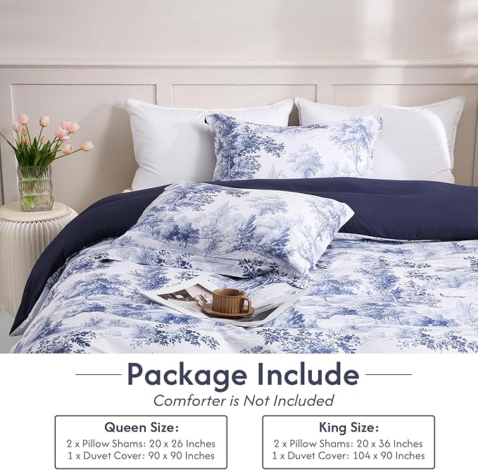 LONAVA King Botaincal 3 Pcs Duvet Cover Set, Breathable Soft Microfiber Navy Lining Comforter Cover with Zipper Closure, and 2 Anti-Pilling, Fade Resistant Pillowcases, Blue Forest