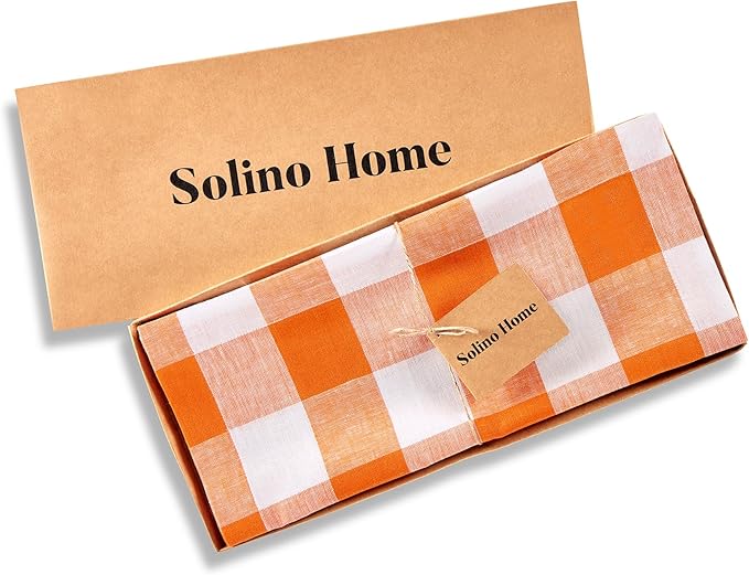 Solino Home Linen Checkered Table Runner 108 Inches Long - 100% Pure Linen Pumpkin and White Buffalo Check Table Runner 14 x 108 Inch Ideal for Dining