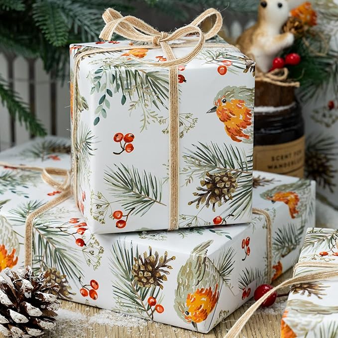 MAYPLUSS Christmas Wrapping Paper Roll - 17 In x 33 Feet - Cute Watercolor Bird Pinecone Gift Wrap Paper for New Year, Holiday, Kids