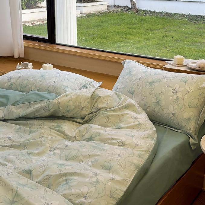 AOJIM Floral Printed Pattern Duvet Cover Set for Kids Adults, Soft 100% Cotton Comforter Cover Set 3pcs, 1 Aesthetic Green Quilt Cover King Size and 2 Matching Pillowcases for Room Decor, No Quilt
