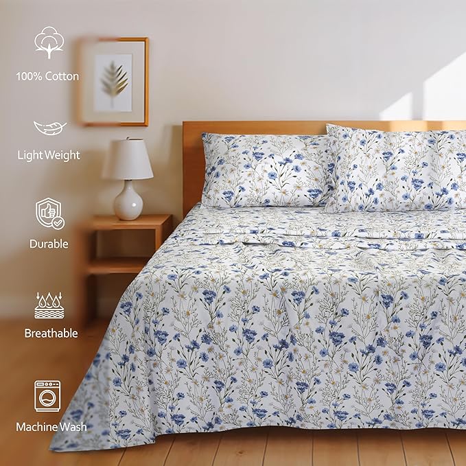 RUVANTI 100% Cotton Full Size Bed Sheets, 4 Pieces, Soft & Breathable Percale Weave Bedding, Deep Pocket 16", Hotel Standard, Crisp Cool Feel, Durable, Perfect Sheet Set Floral, Sweet Pea