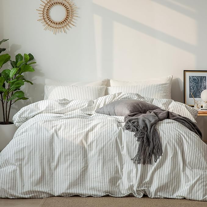 MooMee Striped Duvet Cover Set 100% Washed Cotton Linen Like Textured Breathable Durable Soft Comfy (White Dark Grey Wide Stripes, Cal King 104"x98")