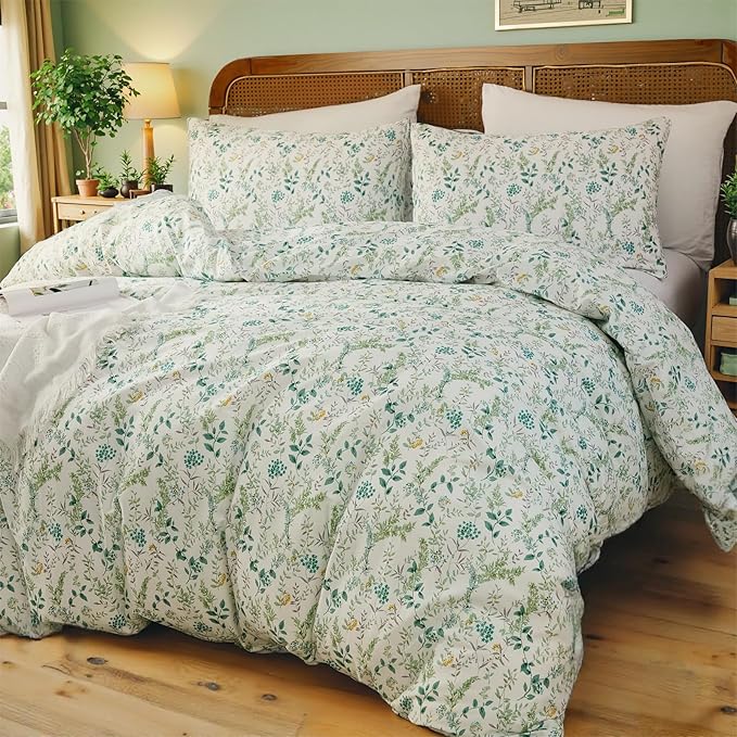 100% Cotton Duvet Cover Sets King Size Reversible Green Garden Bedding Sets Duvet Cover Super Soft Comforter Cover with Zipper Closure, Lightweight, Breathable