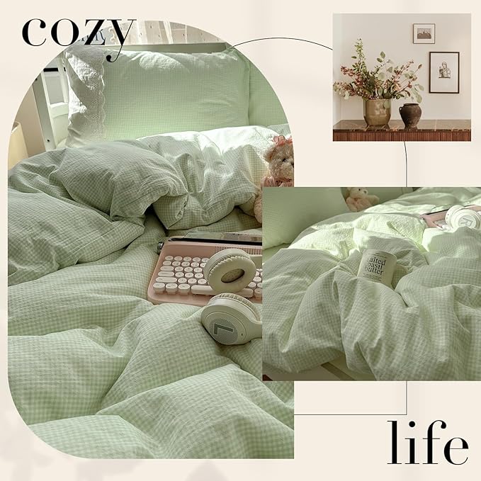 LifeTB Green Gingham Duvet Cover Full 3 Pieces Romantic Lace Duvet Cover Soft Washed Microfiber Green Grid Plaid Comforter Cover with 2 Pillowcases Farmhouse Checkered Gingham Bedding Set