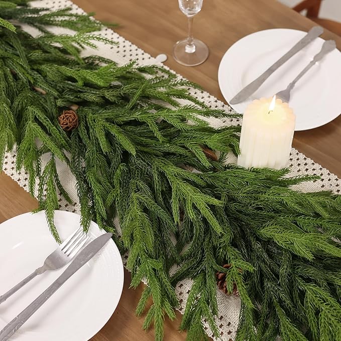6FT Real Touch Norfolk Pine Garland - Artificial Christmas Garland Fake Green Faux Pine Needles Garland for Table Fireplace Mantle Holiday Home Indoor Outdoor Decor (2PCS)