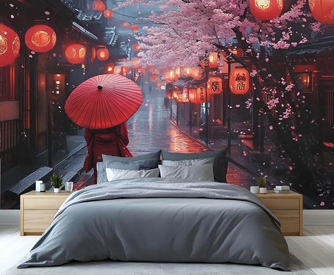 Japanese Street Wall Mural, Cherry Blossom Lantern Scene 3D Wall Murals, Romantic Rainy Evening Japan Wallpaper Mural, for Living Room Bedroom Large Wallpaper Indoor Decor 197" W x124.8 H