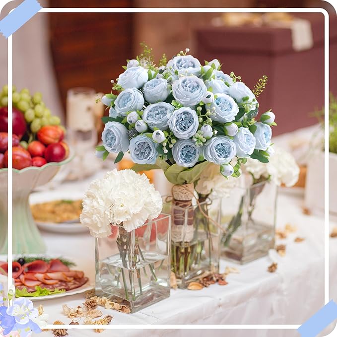 ASTRYAS 8Pcs Peonies Artificial Flowers, Blue Peony Bridal Artificial Peonies, Silk Peony Flowers Fake Artificial Flowers Bouquet for Centerpiece Table Wedding Party Home Decor- Light Blue