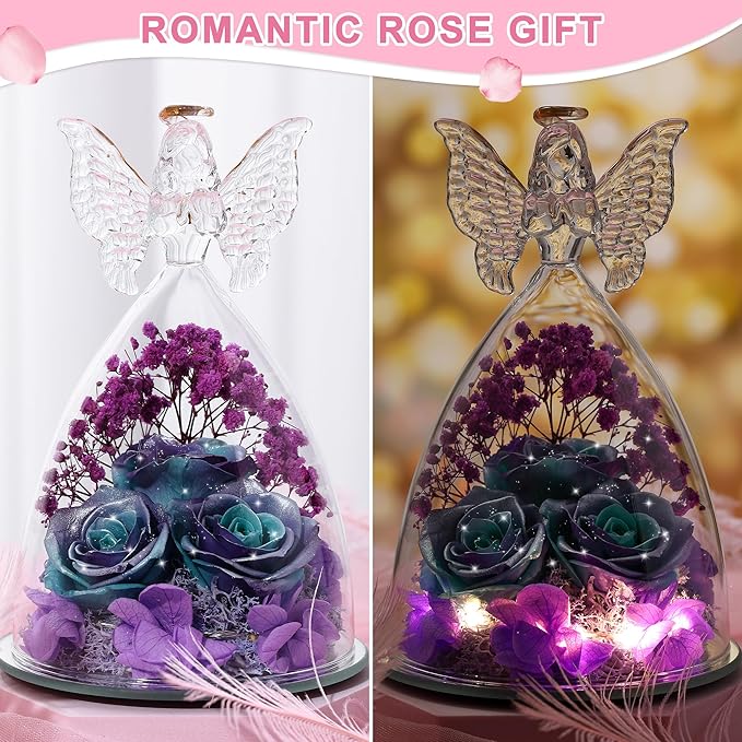 Christmas Rose Gifts for Women Preserved Real Flower in Glass Angel Figurines Roses for Delivery Prime Birthday Gifts for Mom Grandma Girlfriend Wife Her, GlitterBluePurple