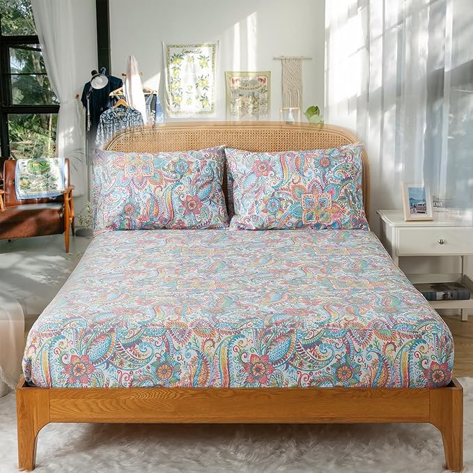 Zusbest California King Floral Sheets 100% Cotton Pink Green Paisley Bed Sheet Set Watercolor Bedding Luxury Soft Breathable Crispy Cooling Percale Sheets 17.5'' Deep Pocket Sheets Cal King, 4 Pieces