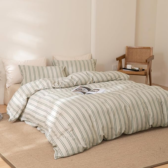 VM VOUGEMARKET Green Stripes Comforter Set King Modern Simple Bedding Comforter with 2 Pillowcases Farmhouse Style Lightweight Cotton Comforter Set for Adults